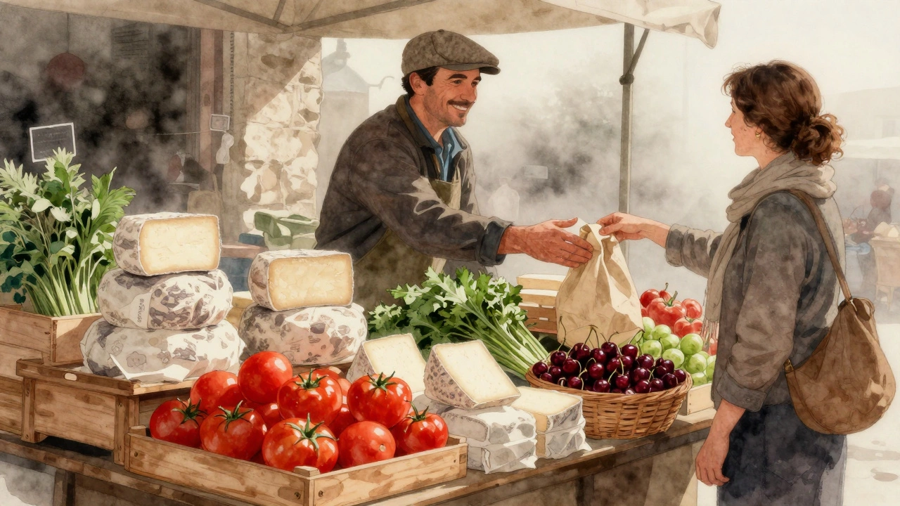 A local vendor hands fresh cherries to a customer at the Marché Monge market in Paris, surrounded by seasonal produce.