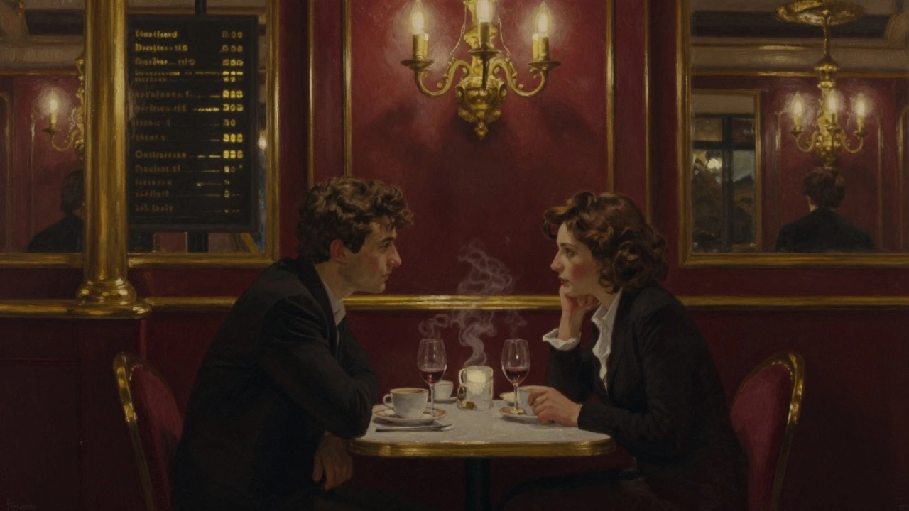 A man and woman share a quiet moment at Le Train Bleu restaurant, sipping coffee and wine under golden chandeliers.