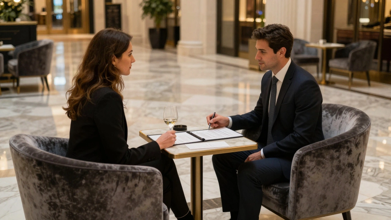 A man and woman sit at a hotel table with a signed contract, no physical contact, in upscale surroundings.