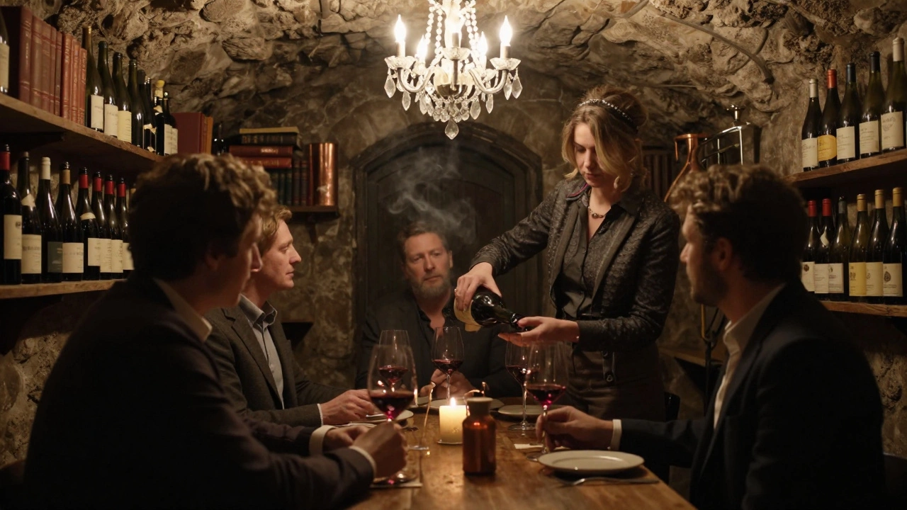 A private wine tasting in a historic Parisian cellar, candlelight illuminating aged bottles and refined guests.