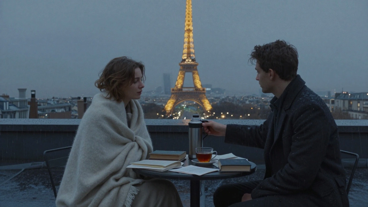 A quiet rooftop terrace at twilight with a woman and man sharing silent moments as the Eiffel Tower sparkles below.