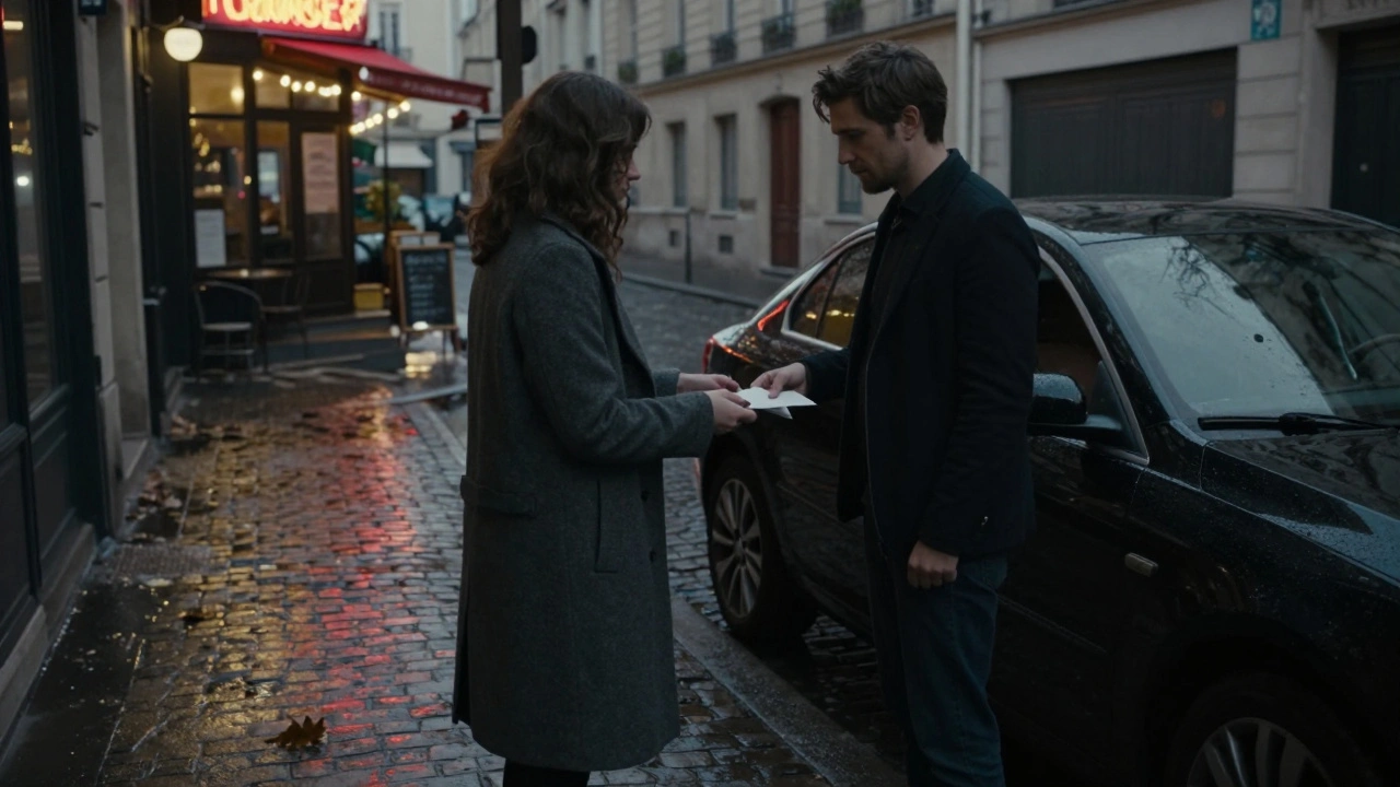 A secretive exchange in a Paris alley at dusk, with a car waiting and shadows concealing identities.