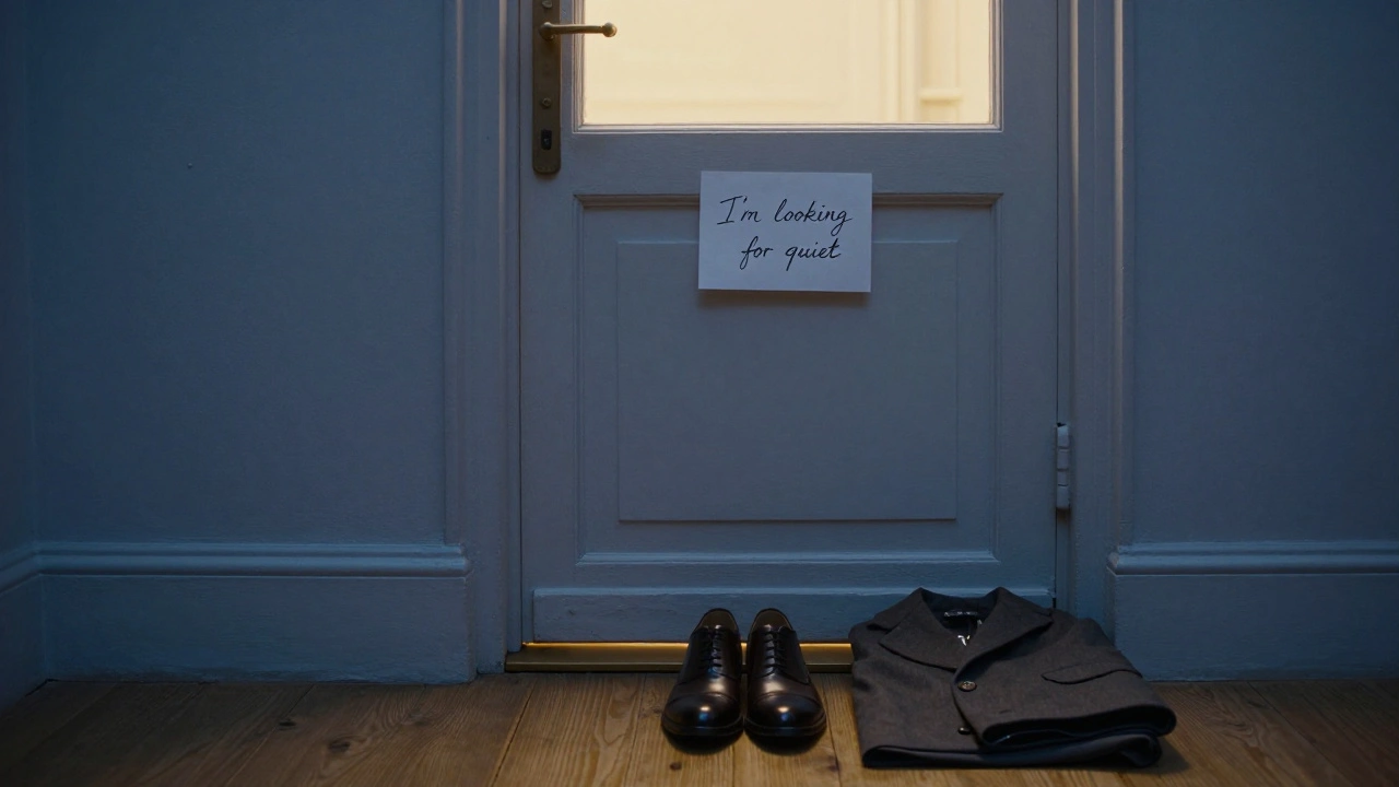 A slightly open door in a quiet Paris hallway with shoes and a coat neatly placed outside.
