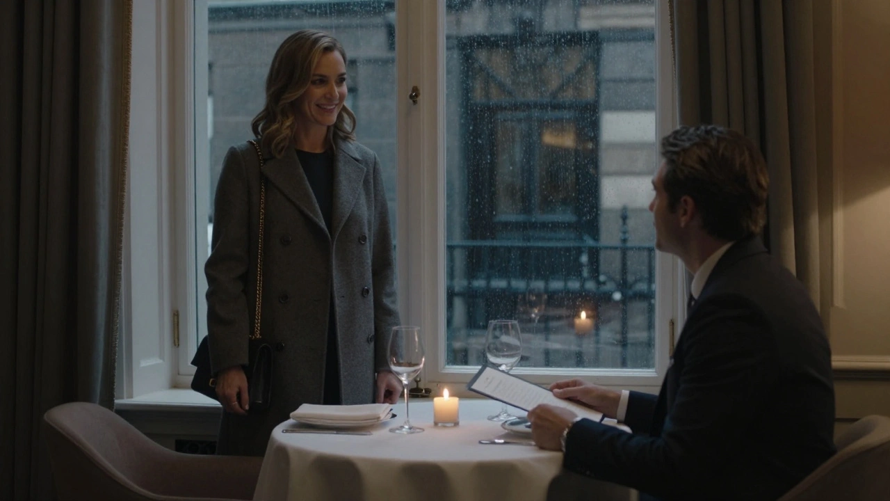 A woman and man enjoying a candlelit dinner in a luxurious Mayfair hotel suite, rain streaking the window behind them.