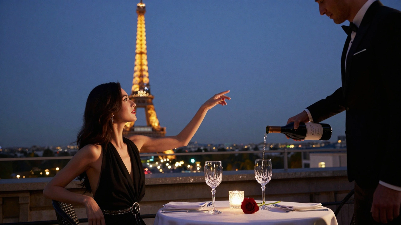 A woman points to the Eiffel Tower from a rooftop terrace, holding a wine glass under twilight skies.