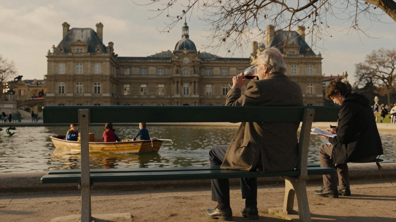 An elderly man sips wine in Jardin du Luxembourg as children sail boats on the pond, with the Panthéon in the distance.
