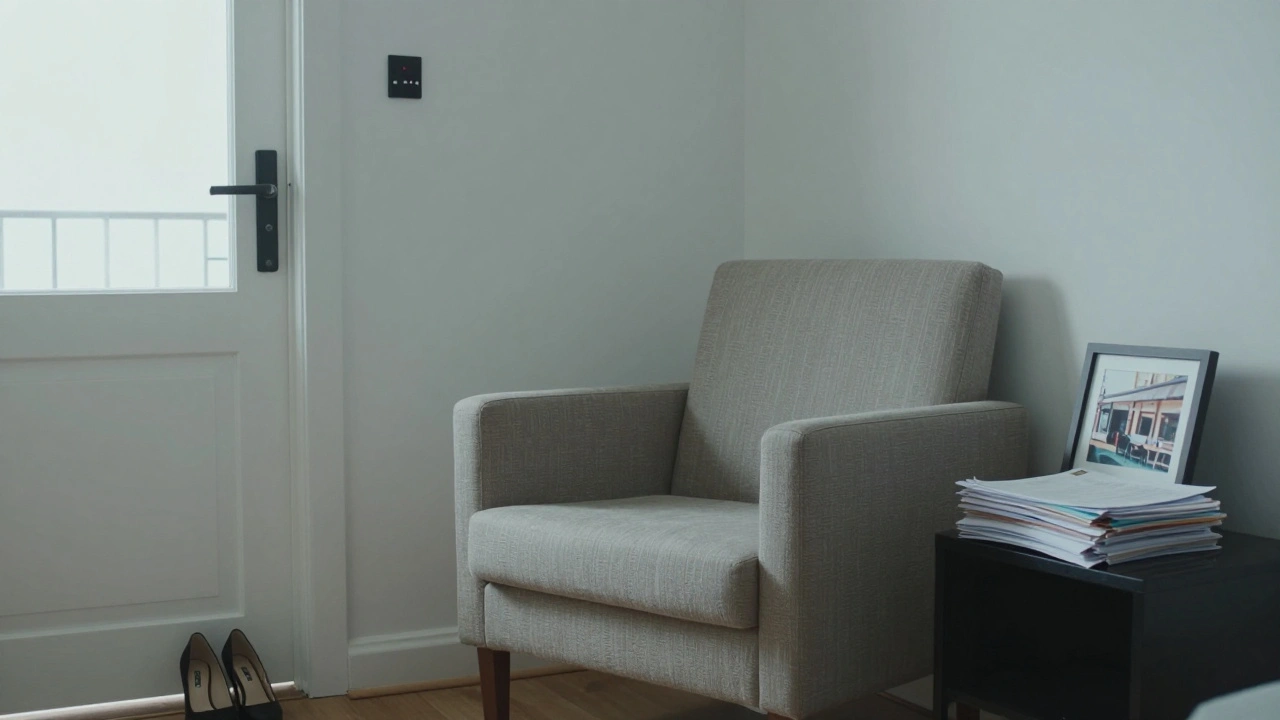 An empty living room with a panic button, financial documents, and a photo of a Lagos café—symbolizing autonomy and future dreams.