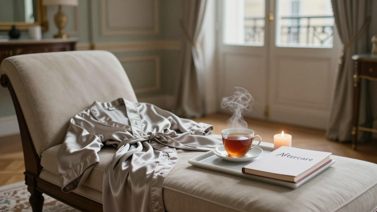 An empty sitting room at dawn with a folded robe and tea tray, suggesting a private, transformative session's end.
