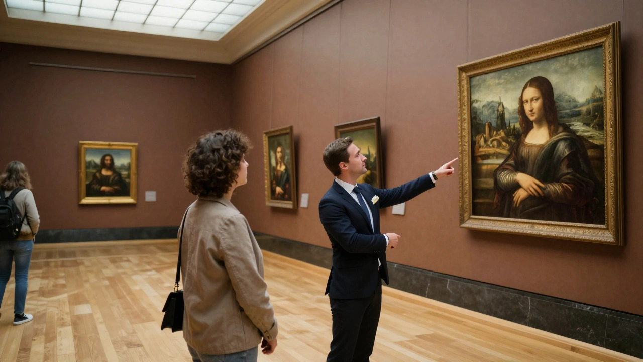 An escort guiding a client through Louvre Museum gallery with Renaissance art.