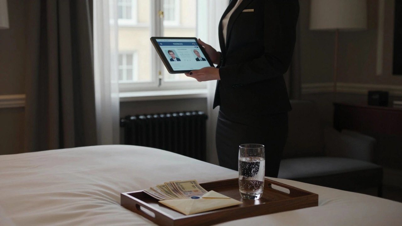An escort in a luxury London hotel suite preparing for a meeting, holding a tablet showing verification details and a glass of water on the tray.