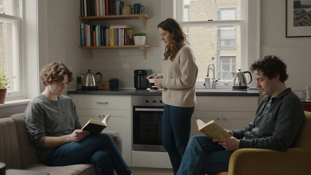 An independent escort making coffee in a simple, well-lit flat, with a client reading nearby.