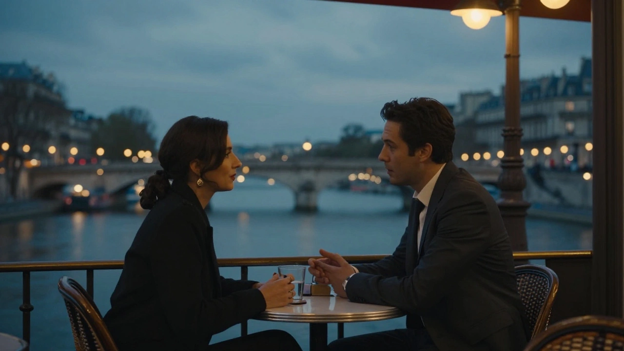 Discreet conversation in a Paris café at twilight with Seine River view.