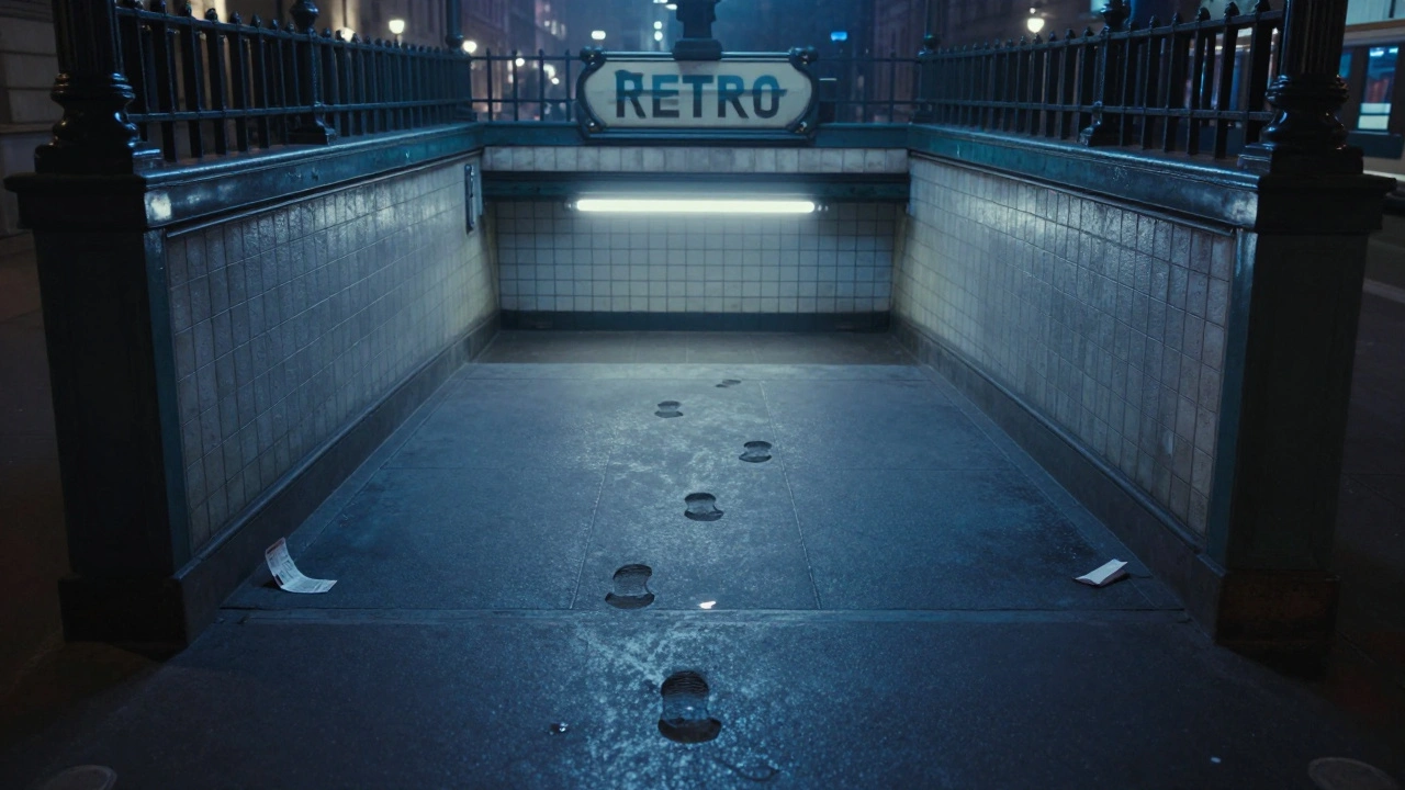 Empty Métro entrance at night with footprints leading into darkness, a folded ticket on the ground, misty blue tones.