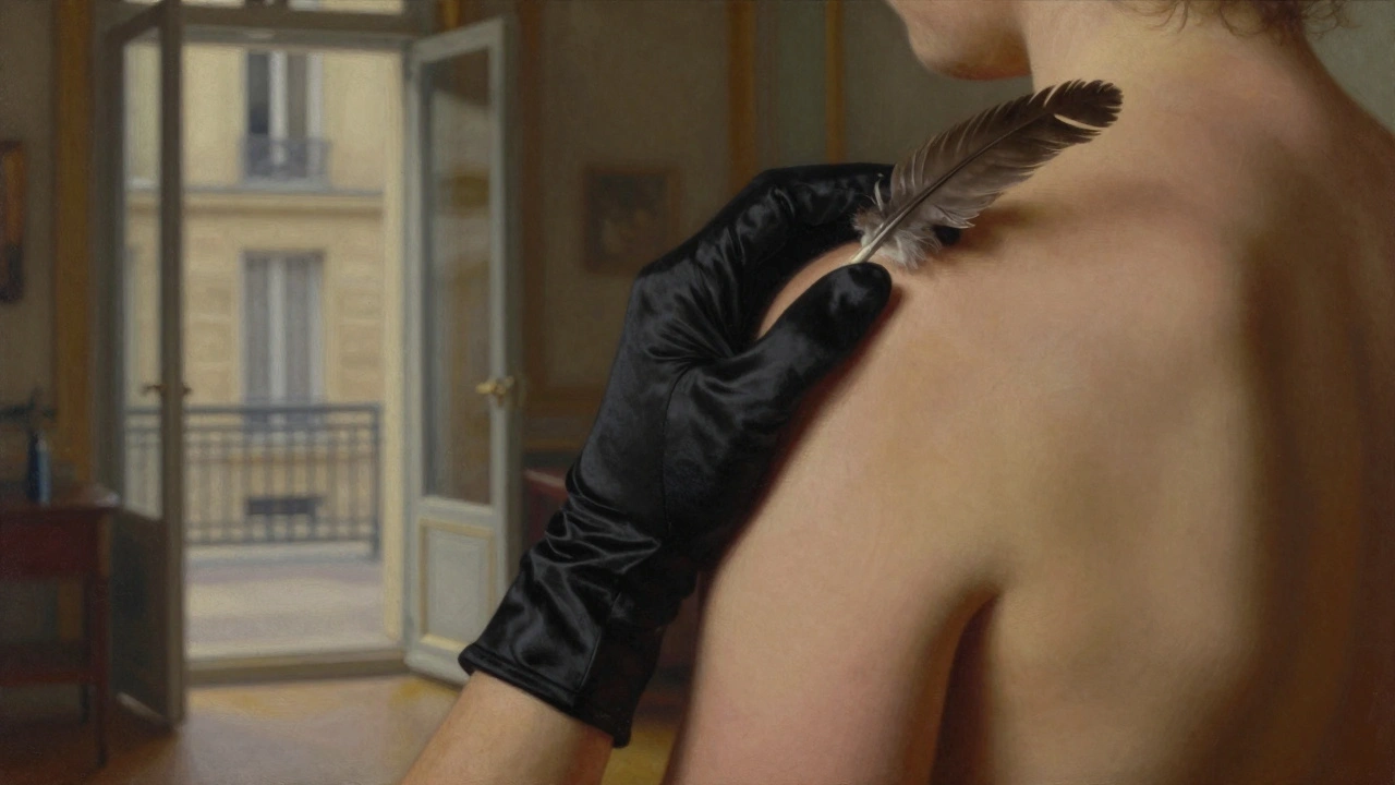 Gloved hands gently hold a feather against bare skin, with blurred French doors and warm lighting.