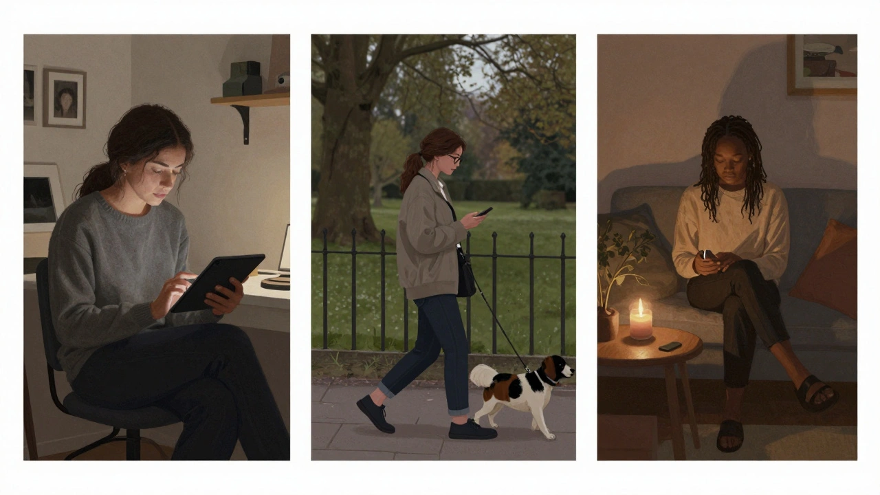 Three diverse women in North London moments of quiet independence: reviewing profiles, walking a dog, and preparing for a session.