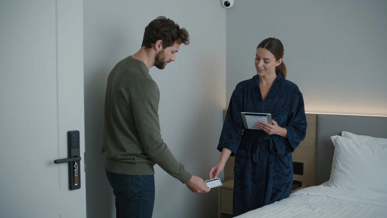 A client and escort in a secure hotel room, exchanging payment via prepaid card with visible security camera in background.