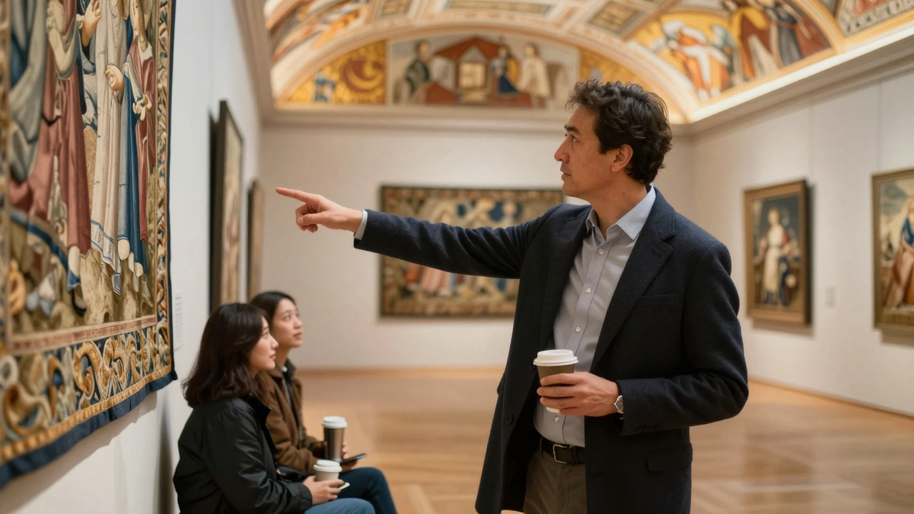 A couple sits peacefully in an empty Louvre gallery at dawn, sipping coffee as sunlight illuminates ceiling frescoes, guided by a quiet curator.