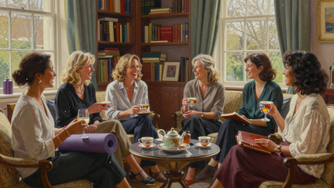 A group of mature women relax in a sunlit London sitting room, surrounded by books and quiet signs of an independent lifestyle.