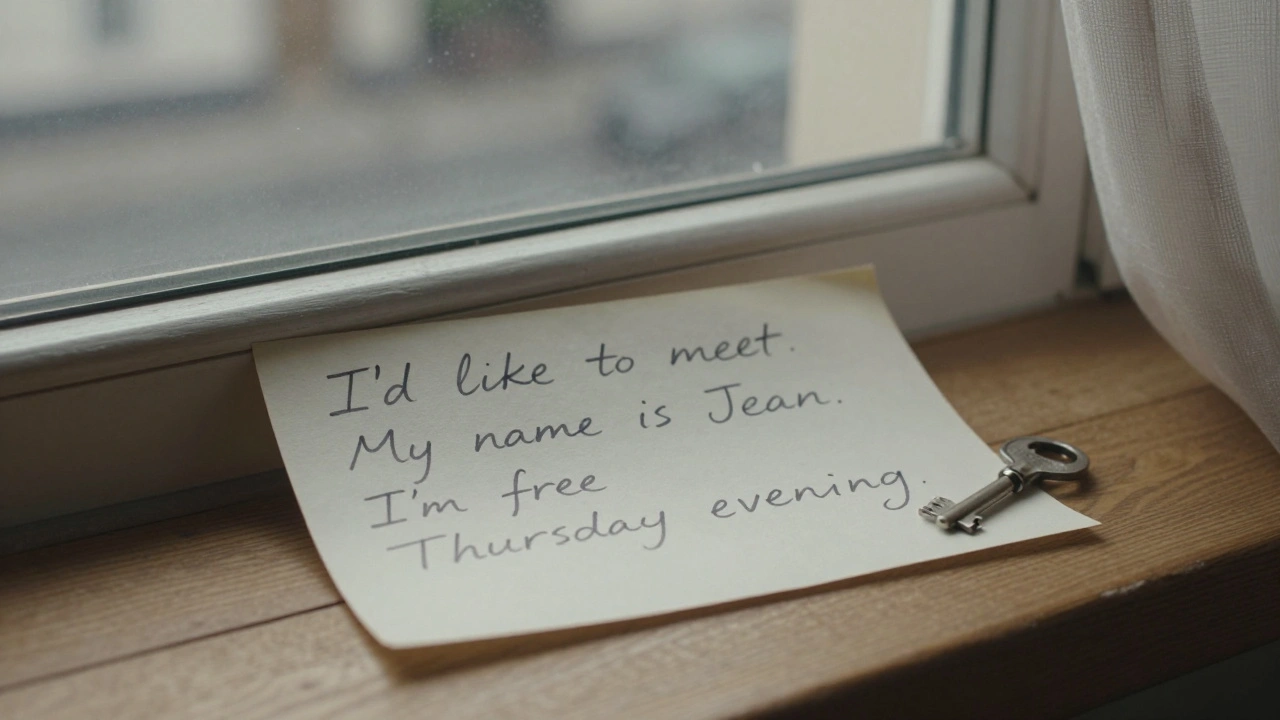 A handwritten note on paper beside a key, resting on a windowsill with morning light filtering through sheer curtains.