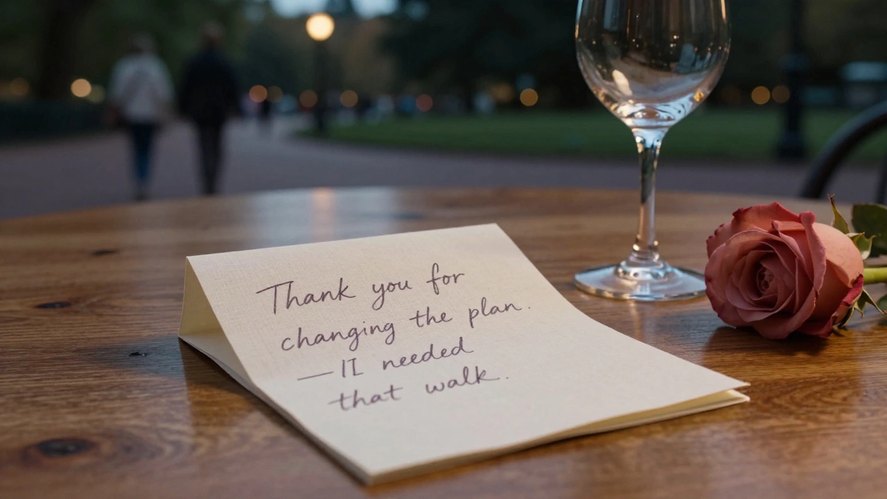 A handwritten thank-you note on linen beside a wine glass and rose, with blurred figures strolling in Hyde Park at twilight.
