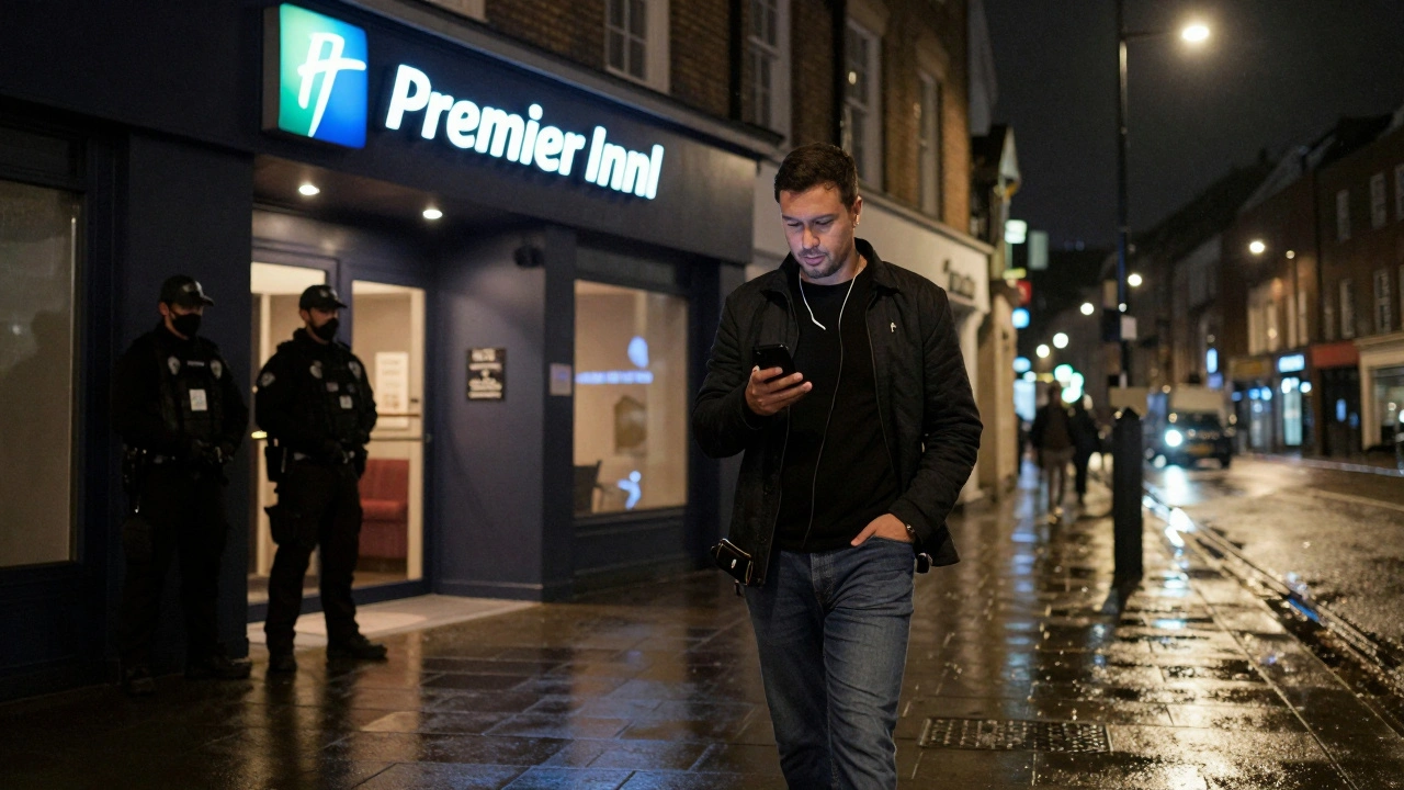 A man walking past a secure London hotel at night, carrying only essentials, emphasizing personal safety and discretion.