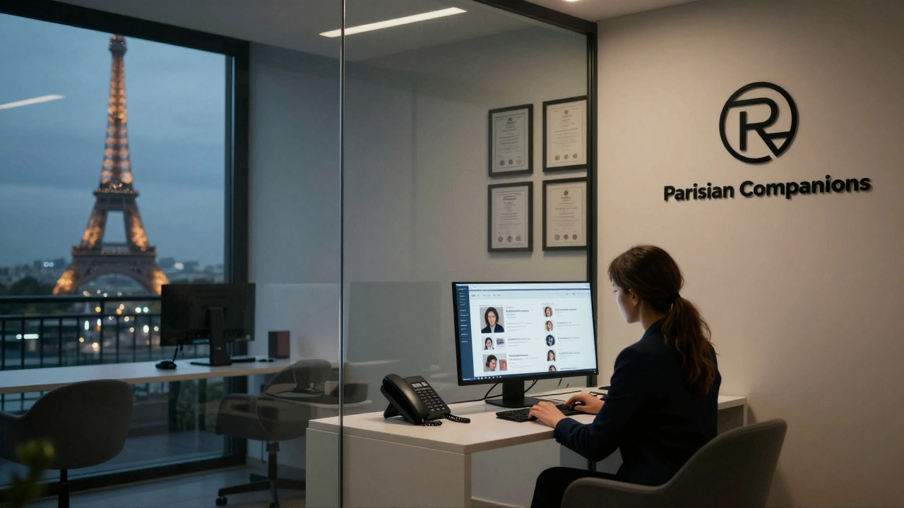 A modern escort agency office in Paris with secure digital profiles and professional certifications on display.