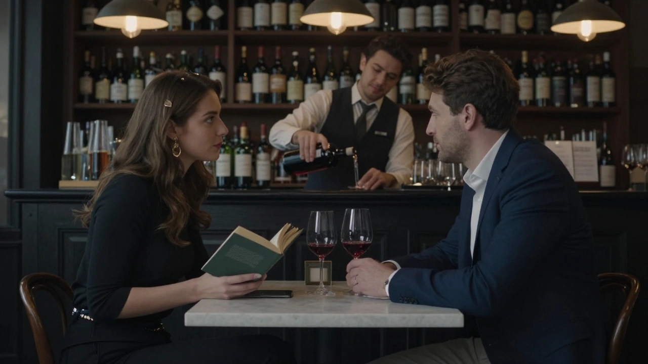 A quiet conversation at a Parisian bar, two individuals seated at a marble table with wine glasses, dim lighting and vintage decor.
