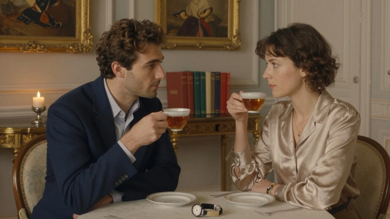 A respectful, quiet encounter in a Parisian apartment, with two individuals sharing a moment of quiet connection over tea.