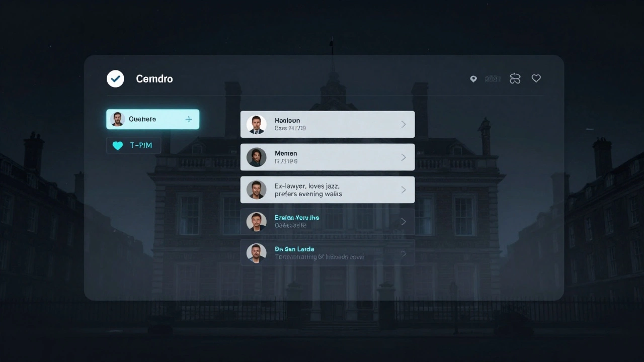 A secure digital interface displays encrypted client profiles without photos, set against a misty London townhouse silhouette.