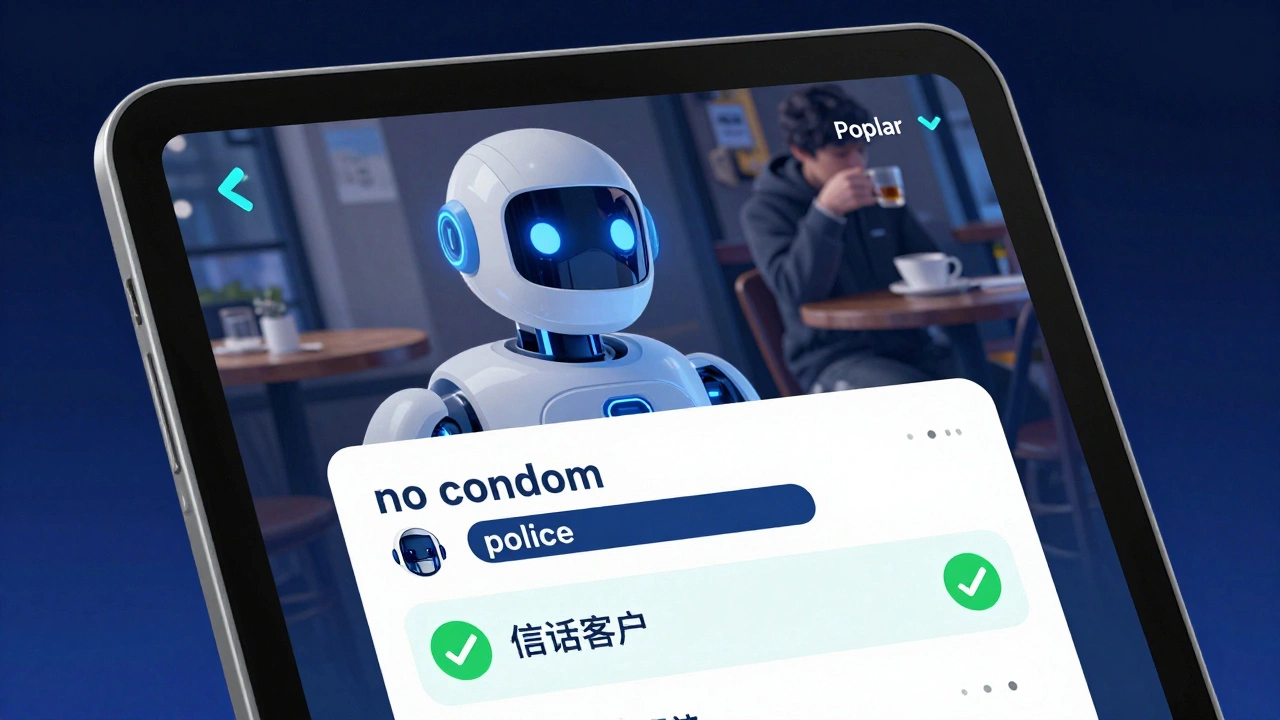 A tablet screen displaying an AI safety tool blocking risky client messages with highlighted keywords.