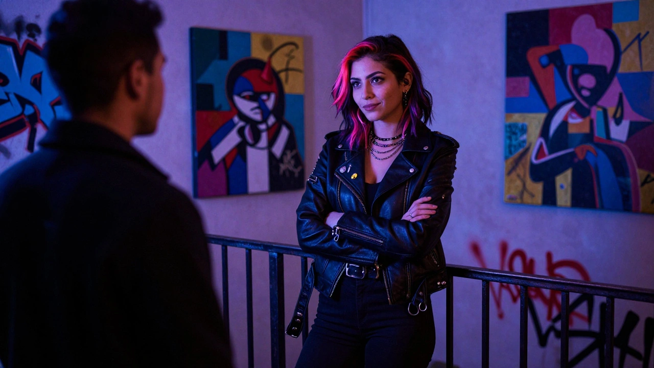 An alternative escort with bold tattoos and dyed hair standing confidently in an urban gallery setting.