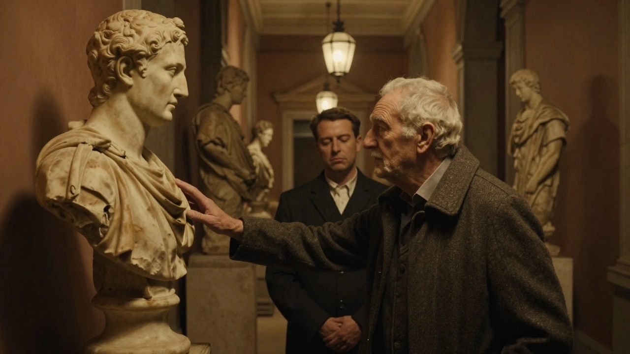 An elderly man touches an ancient Roman bust as his escort stands nearby, surrounded by dimly lit statues in a quiet corridor, bathed in warm amber light.