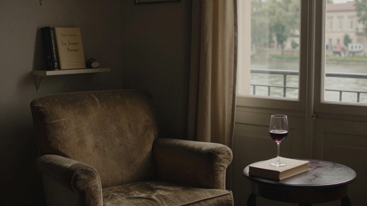 An intimate apartment interior with a bookshelf holding a French poetry edition, a glass of wine, and soft lamplight.