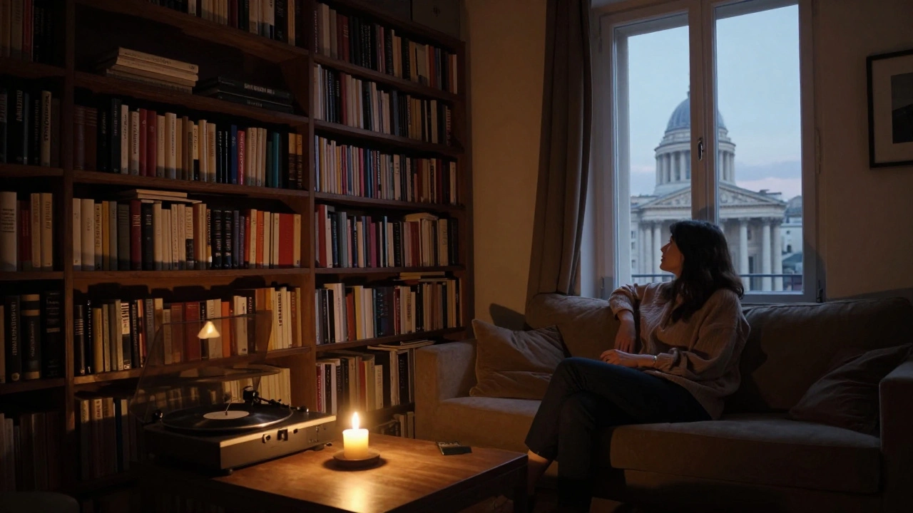 An intimate apartment with bookshelves and candlelight, a woman gazing out the window at twilight, quiet and thoughtful.
