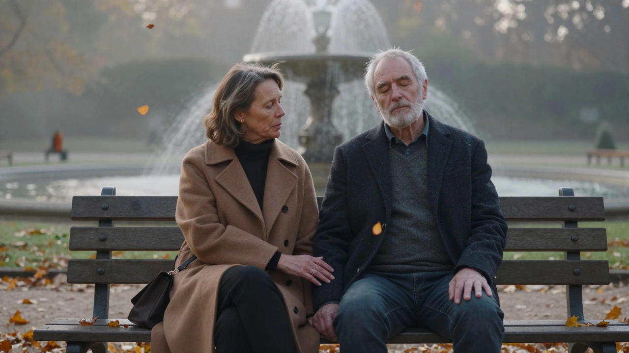 An older couple sitting in silent companionship on a bench in Luxembourg Gardens at dawn.