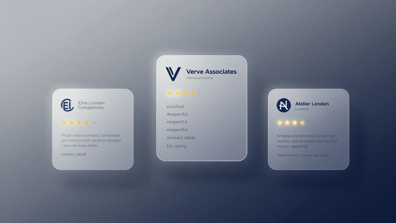 Three agency logos above glowing fragments of verified review snippets, representing trust and detail in high-end companionship.