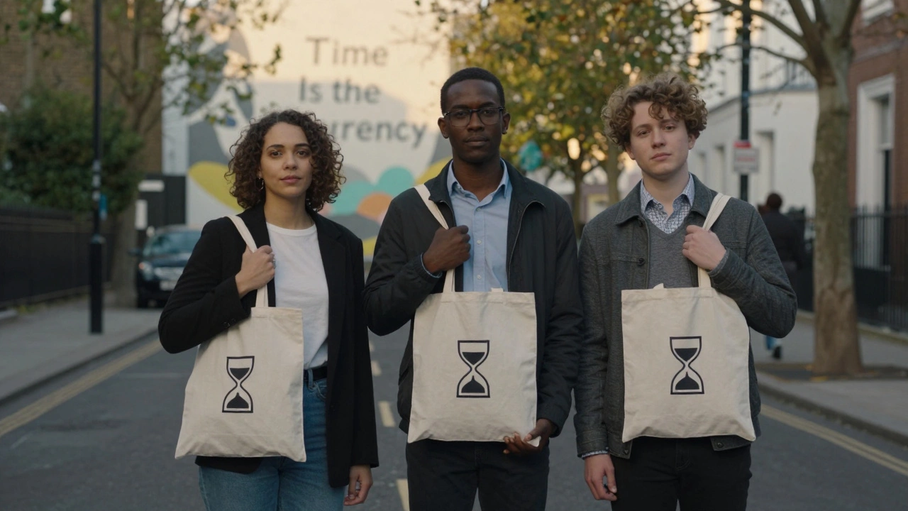 Three diverse individuals walking calmly through a quiet East London street, symbolizing professional companionship.
