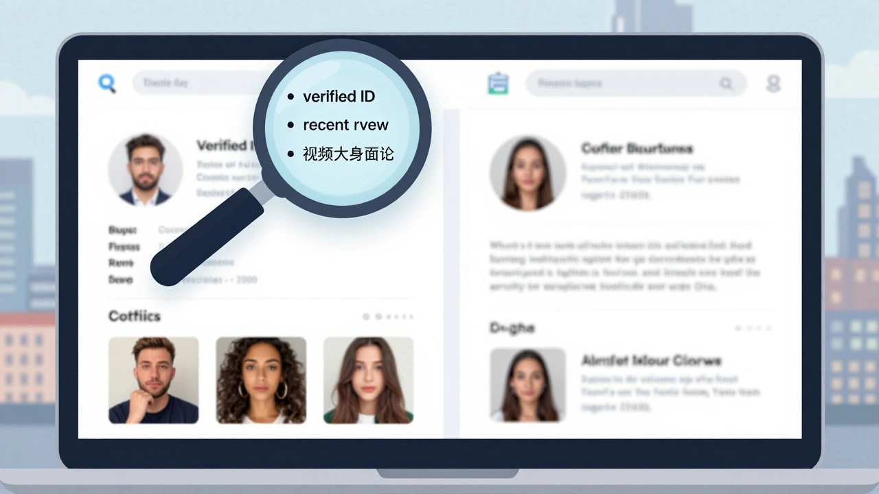 Two escort profiles compared on a laptop — one detailed and verified, the other generic and suspicious.