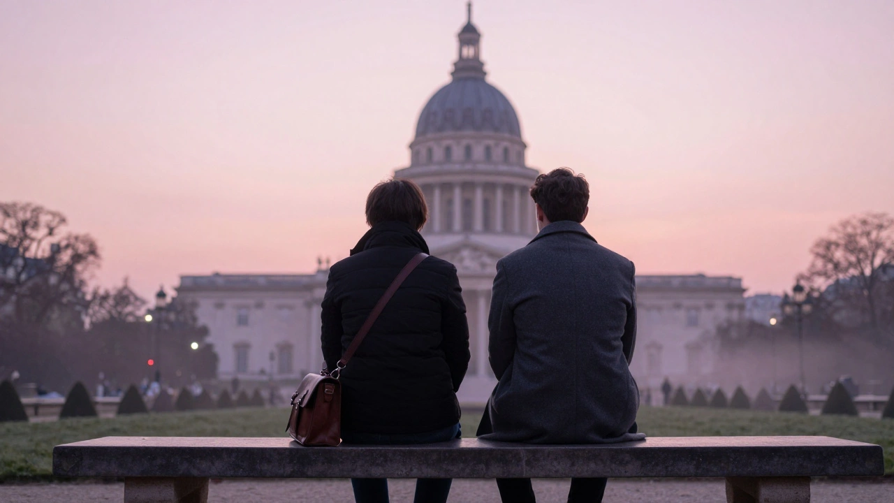 Two figures sitting silently on a bench near the Panthéon at sunrise, sharing a moment of connection.