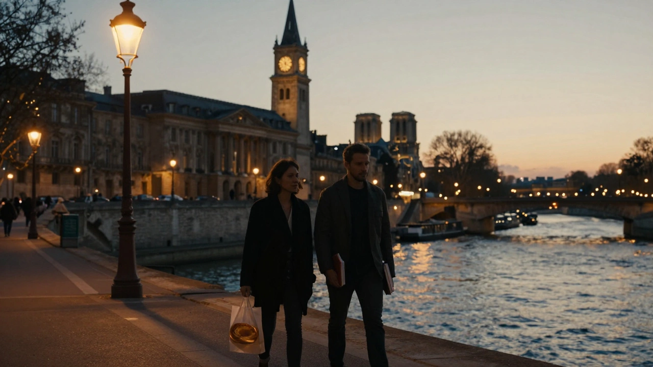 Two figures walking peacefully along the Seine at dusk, the Musée d’Orsay glowing behind them, no physical contact, only quiet companionship.