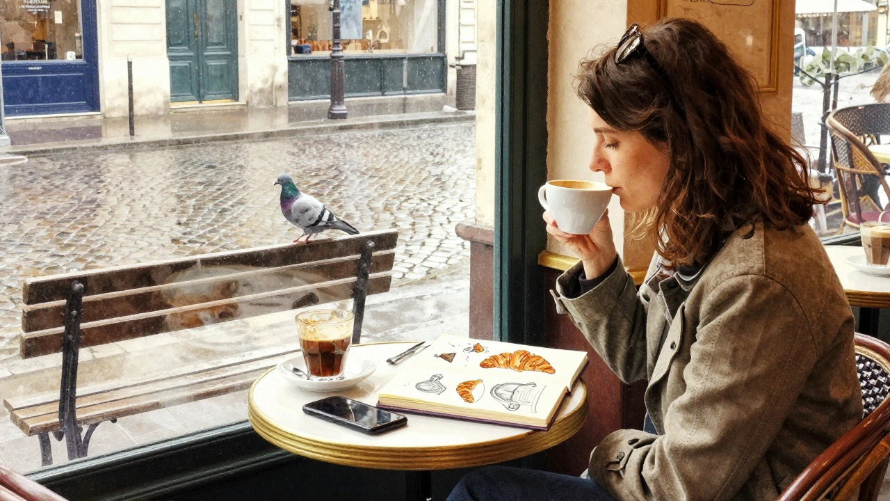 Two people share a quiet coffee in a Parisian café, no phones, just sketches and soft morning light.
