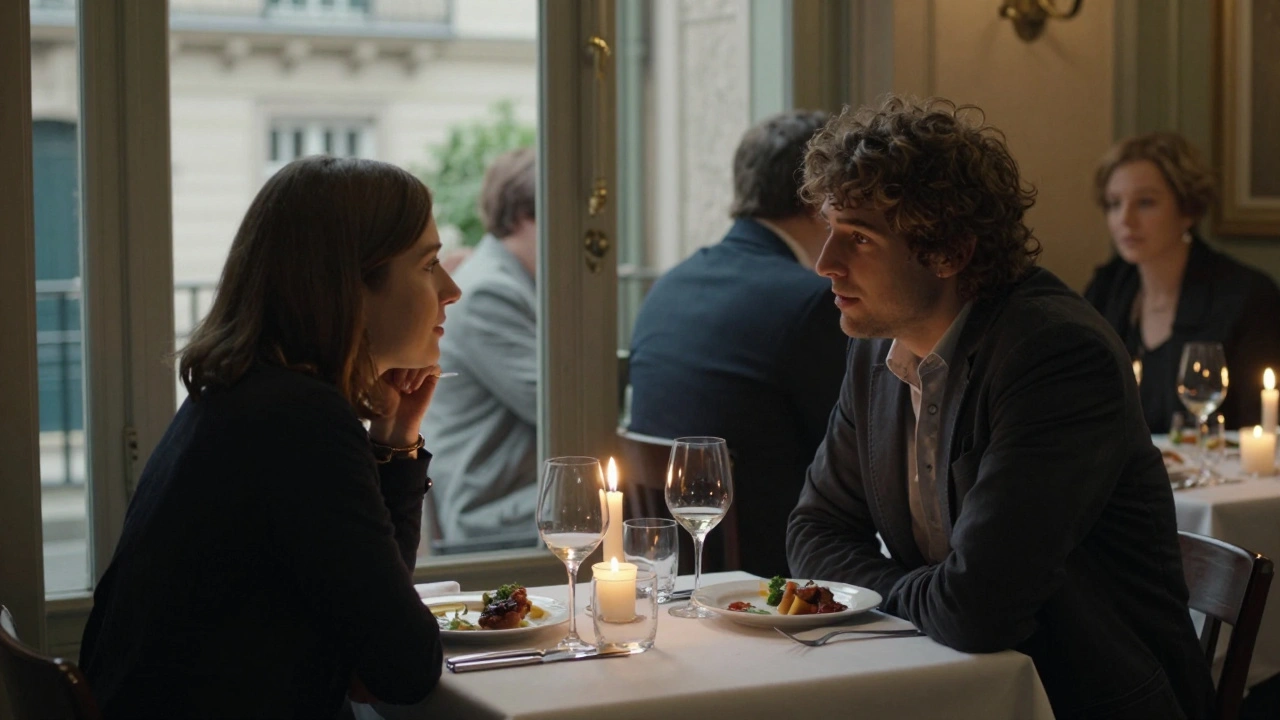 Two people sharing a quiet dinner in a Paris bistro, illuminated by candlelight.