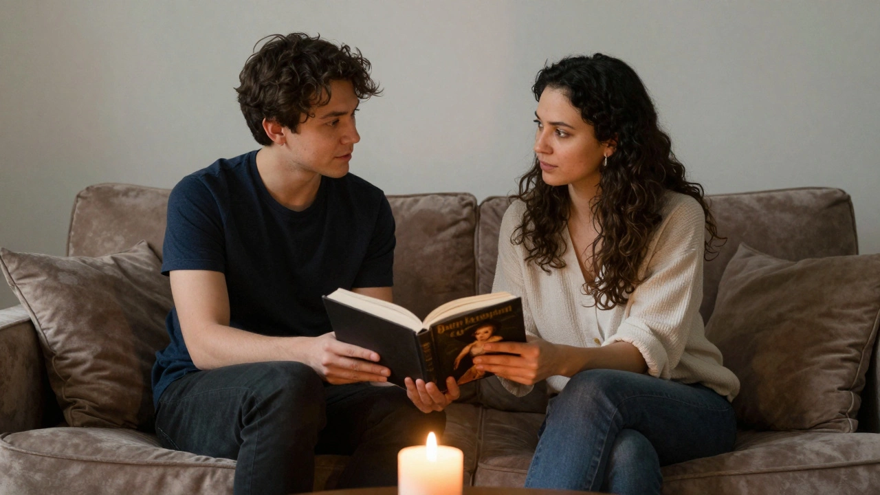 Two people sharing a quiet moment reading together, focused on emotional connection.